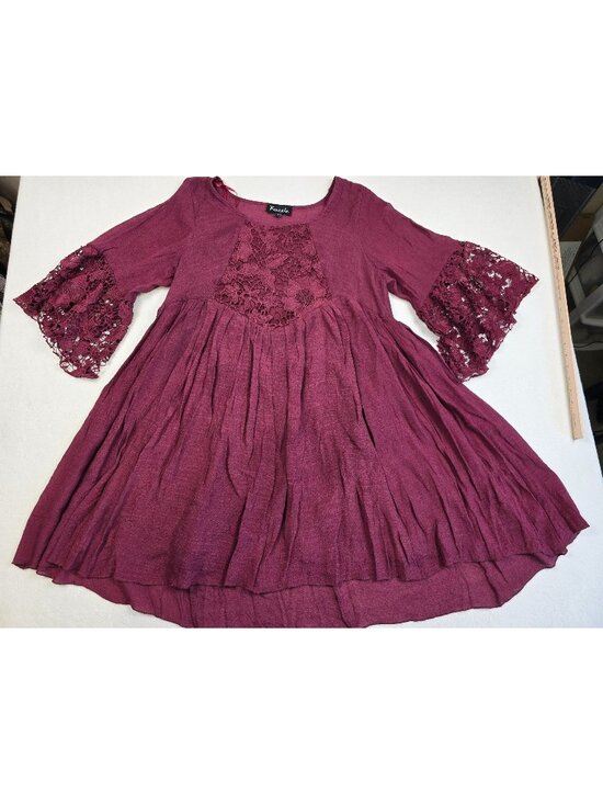 Frazzle Dresses & Skirts - Medieval Boho Tunic Medium Burgundy Dress Crochet Lace Sleeves Pleated Skirt
